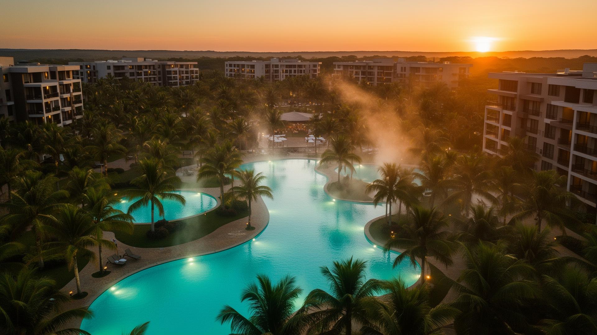 Piscinas de águas termais ao entardecer em Caldas Novas
